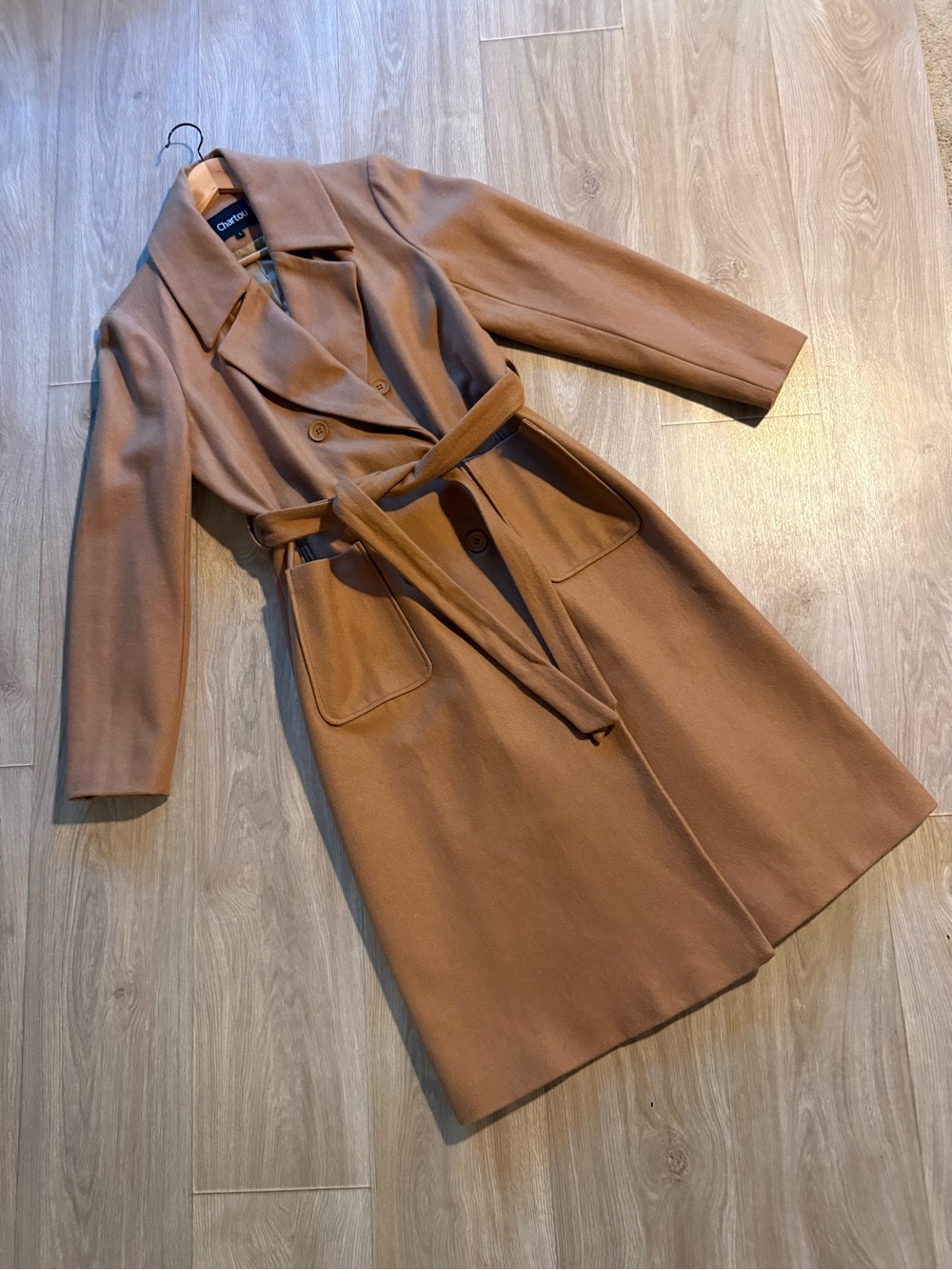 CHARTOU Camel 60% Wool Long Belted Coat Size L